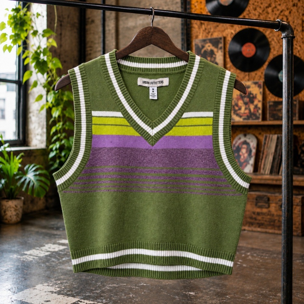 Urban Outfitters Green Striped V-Neck Sweater Vest Medium Retro Preppy Knit